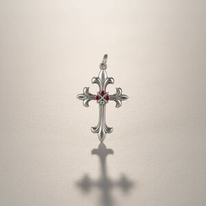 Silver toned Fleur de Lis Cross Pendant with Red Accents